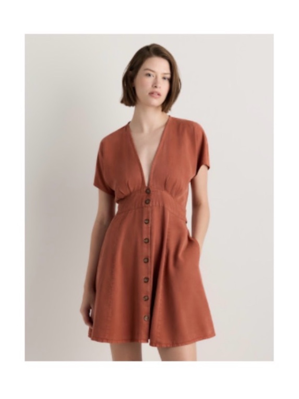 Quince Rust Button-Front V-Neck Mini Dress